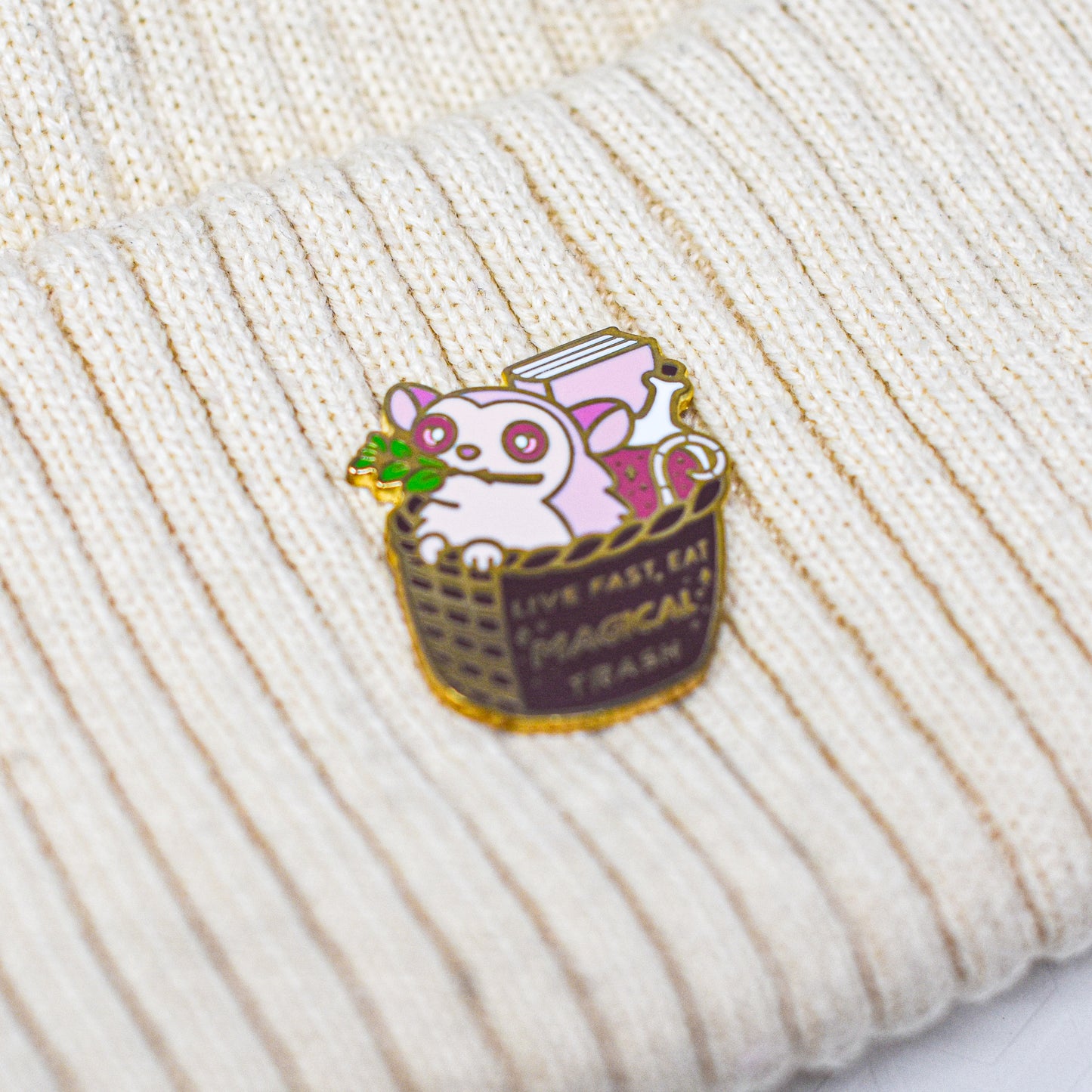 live fast, eat magical trash margot possum enamel pin